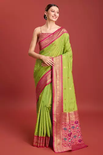 Parrot Green Patola Pallu Tissue silk blend Saree