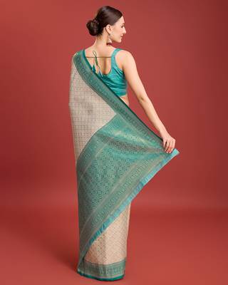 Turquoise kanjivaram silk blend zari work saree 3