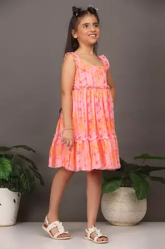 Ethnovog Ready To Wear Kids Girls Multicolored Digital Printed Shibori Tiered Kurti