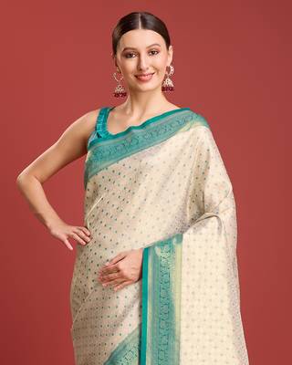 Turquoise kanjivaram silk blend zari work saree 4