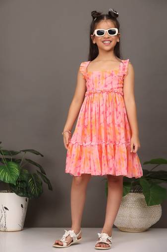 Ethnovog Ready To Wear Kids Girls Multicolored Digital Printed Shibori Tiered Kurti