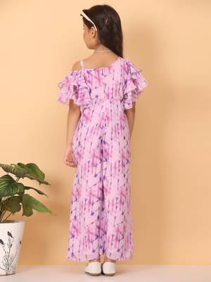Ethnovog Ready To Wear Kids Girls Blue Digital Printed Georgette Jumpsuit 1