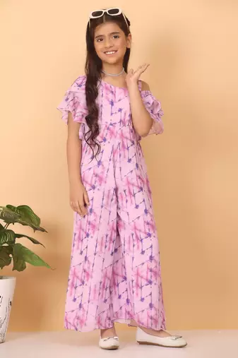 Ethnovog Ready To Wear Kids Girls Blue Digital Printed Georgette Jumpsuit