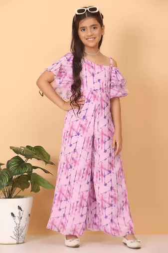 Ethnovog Ready To Wear Kids Girls Blue Digital Printed Georgette Jumpsuit
