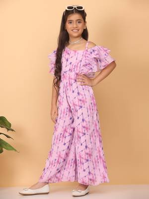 Ethnovog Ready To Wear Kids Girls Blue Digital Printed Georgette Jumpsuit 4