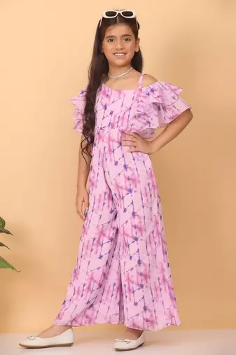 Ethnovog Ready To Wear Kids Girls Blue Digital Printed Georgette Jumpsuit