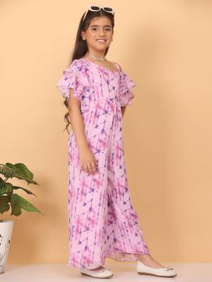 Ethnovog Ready To Wear Kids Girls Blue Digital Printed Georgette Jumpsuit 5