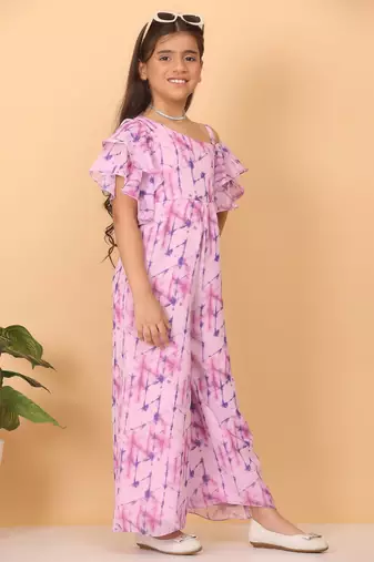 Ethnovog Ready To Wear Kids Girls Blue Digital Printed Georgette Jumpsuit