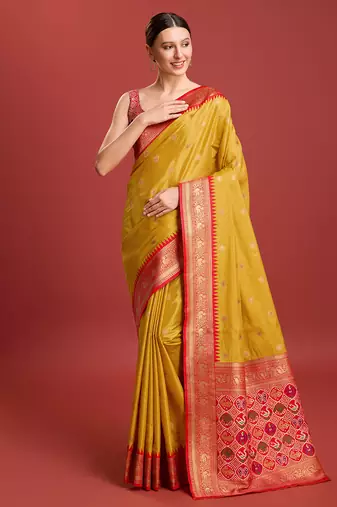 Mustard Color Patola Pallu Tissue Silk Blend Saree