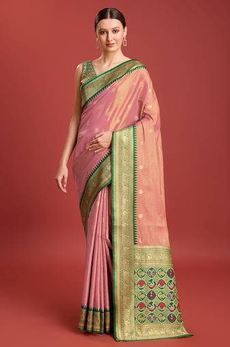 Exquisite Designs With This Regal Rose Pink Patola Pallu Faux Banarasi Tissue Silk Blend Saree
