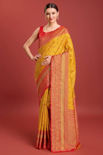 Glamour And Tradition With This Mustard Color Zari Woven Faux Banarasi Tissue Silk Blend Saree