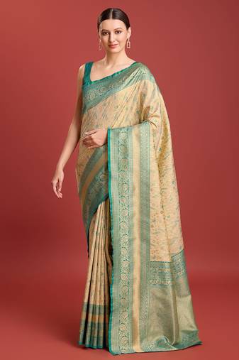Glamour And Tradition With This Beige Color Zari Woven Faux Banarasi Tissue Silk Blend Saree