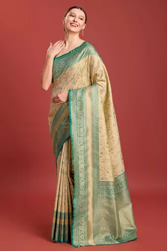 Beige Color Zari Woven Banarasi Tissue silk blend Saree