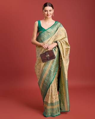 Beige Color Zari Woven Banarasi Tissue silk blend Saree 4
