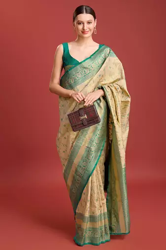 Beige Color Zari Woven Banarasi Tissue silk blend Saree