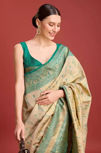 Beige Color Zari Woven Banarasi Tissue silk blend Saree