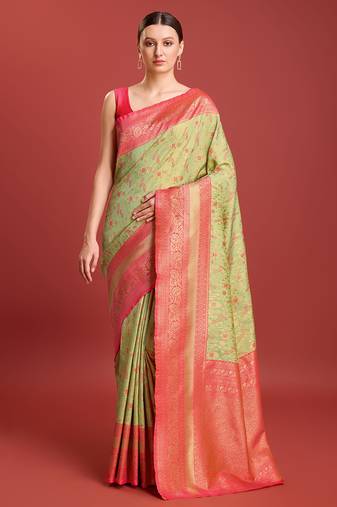 Glamour And Tradition With This Pastel Green Color Zari Woven Faux Banarasi Tissue Silk Blend Saree