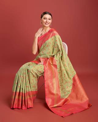 Pastel Green Color Zari Woven Banarasi Tissue silk blend Saree 4