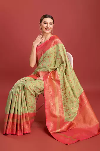 Pastel Green Color Zari Woven Banarasi Tissue silk blend Saree