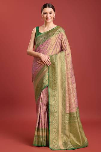 Glamour And Tradition With This Rose Pink Color Zari Woven Faux Banarasi Tissue Silk Blend Saree