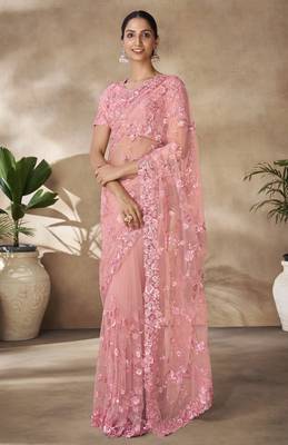 Marvellous Peach Sequins, Thread Emroidered With Zarkan Worked Net Fabric Indian Saree For Parties And Wedding 1