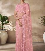 Marvellous Peach Sequins, Thread Emroidered With Zarkan Worked Net Fabric Indian Saree For Parties And Wedding