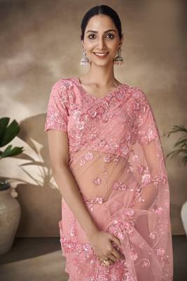 Marvellous Peach Sequins, Thread Emroidered With Zarkan Worked Net Fabric Indian Saree For Parties And Wedding 2