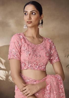 Marvellous Peach Sequins, Thread Emroidered With Zarkan Worked Net Fabric Indian Saree For Parties And Wedding 3