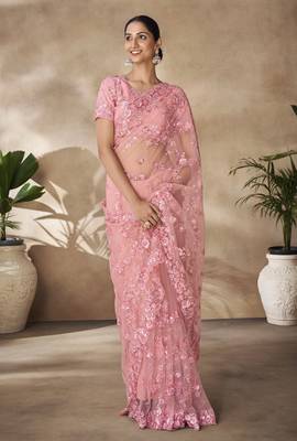 Marvellous Peach Sequins, Thread Emroidered With Zarkan Worked Net Fabric Indian Saree For Parties And Wedding 4