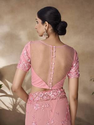 Marvellous Peach Sequins, Thread Emroidered With Zarkan Worked Net Fabric Indian Saree For Parties And Wedding 5