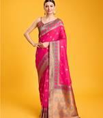Rani Pink Faux Banarasi Silk Blend Saree Rich Zari Woven Weave For Opulent Charm