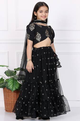 Ethnovog Ready To Wear Kids Girls Black Georgette Embroidered Lehenga Set