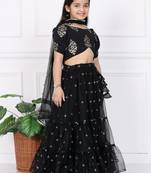Ethnovog Ready To Wear Kids Girls Black Georgette Embroidered Lehenga Set