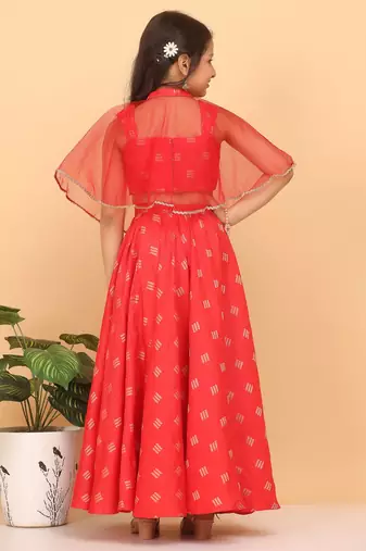 Ethnovog Ready To Wear Kids Girls Red Jacquard Crop Top N Skirt With Cape