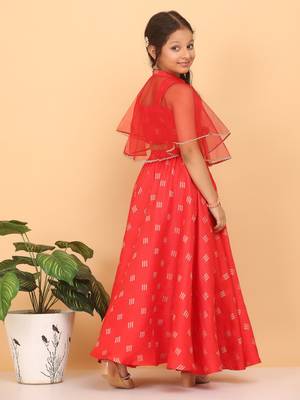 Ethnovog Ready To Wear Kids Girls Red Jacquard Crop Top N Skirt With Cape 3