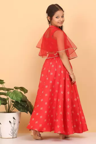 Ethnovog Ready To Wear Kids Girls Red Jacquard Crop Top N Skirt With Cape