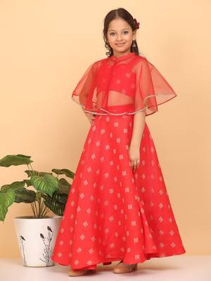 Ethnovog Ready To Wear Kids Girls Red Jacquard Crop Top N Skirt With Cape 4