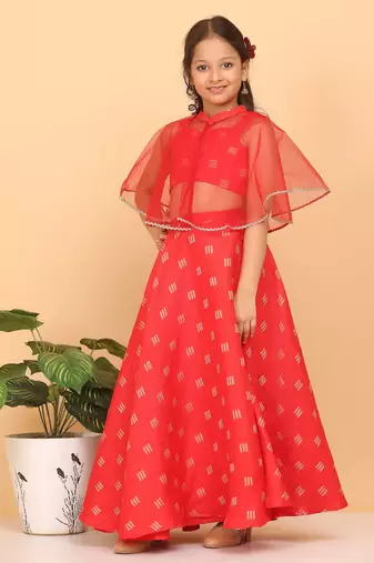 Ethnovog Ready To Wear Kids Girls Red Jacquard Crop Top N Skirt With Cape
