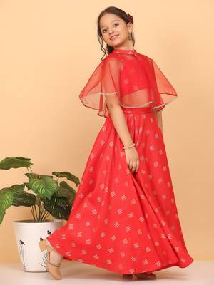 Ethnovog Ready To Wear Kids Girls Red Jacquard Crop Top N Skirt With Cape 5