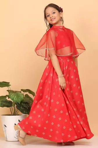 Ethnovog Ready To Wear Kids Girls Red Jacquard Crop Top N Skirt With Cape
