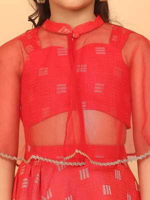 Ethnovog Ready To Wear Kids Girls Red Jacquard Crop Top N Skirt With Cape 6