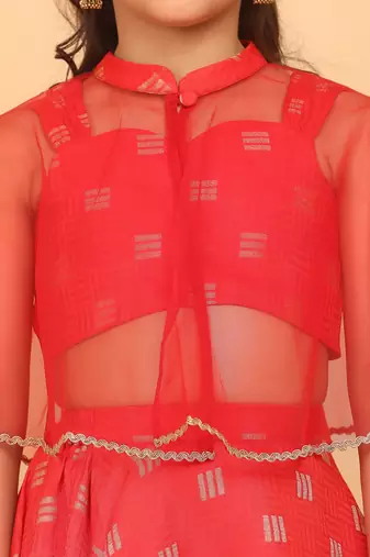 Ethnovog Ready To Wear Kids Girls Red Jacquard Crop Top N Skirt With Cape