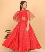 Ethnovog Ready To Wear Kids Girls Red Jacquard Crop Top N Skirt With Cape