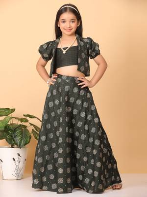 Ethnovog Ready To Wear Kids Girls Green Foil Printed Crop Top N Skirt With Jacket 3