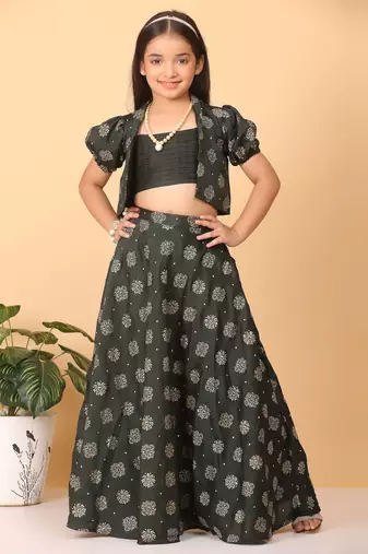 Ethnovog Ready To Wear Kids Girls Green Foil Printed Crop Top N Skirt With Jacket