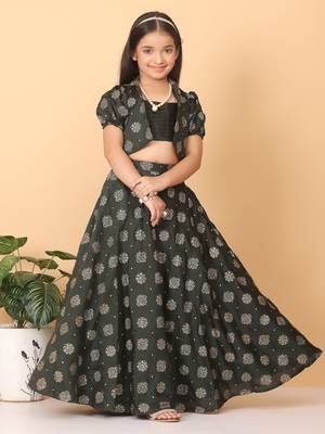 Ethnovog Ready To Wear Kids Girls Green Foil Printed Crop Top N Skirt With Jacket 4