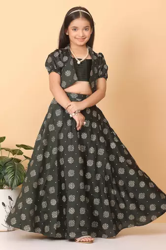 Ethnovog Ready To Wear Kids Girls Green Foil Printed Crop Top N Skirt With Jacket