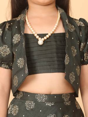 Ethnovog Ready To Wear Kids Girls Green Foil Printed Crop Top N Skirt With Jacket 5