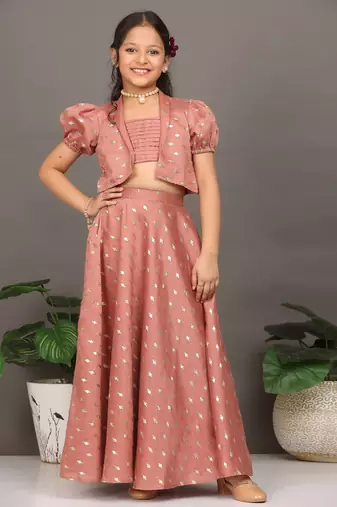 Ethnovog Ready To Wear Kids Girls Peach Foil Printed Crop Top N Skirt With Jacket