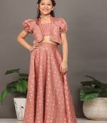 Ethnovog Ready To Wear Kids Girls Peach Foil Printed Crop Top N Skirt With Jacket